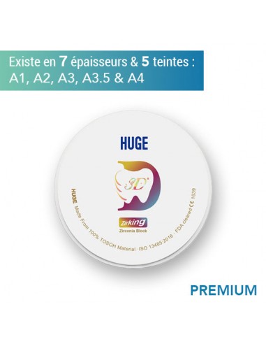 Disque zircone premium 3D - Teintes A1, A2, A3, A3.5 & B4 - 7 épaisseurs - HUGE ouvre sa boutique